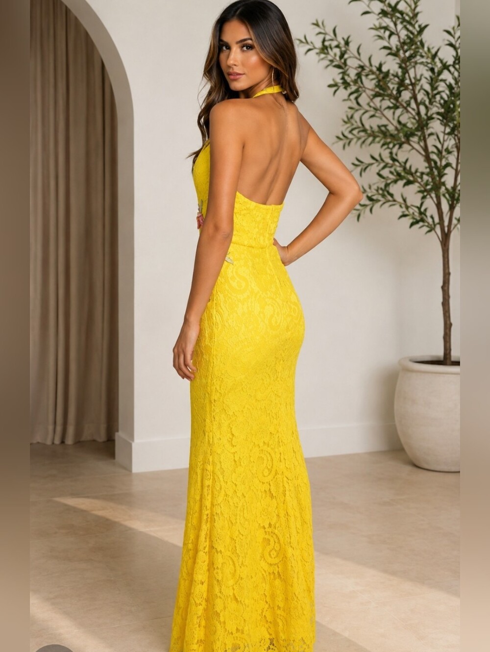Yellow Floral Lace Halter Maxi Dress - Picture 5 of 7